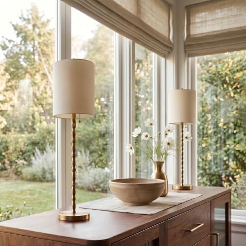 Buffet Lamps Set of 2, 28.5" Tall Brass Finish Lamps for Entryway, Hallway, Console Table, Dining Sideboard or Living Room, UL Certified with Pull Chain, Linen Shade, Urban Luxury Style