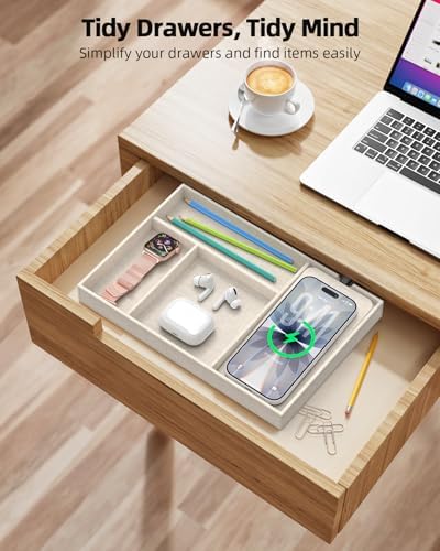 Valet Tray with Wireless Charger, Nightstand Organizer & Catchall Tray for Phone, Keys, Glasses and Accessories, Premium Linen, Stylish Desk & Bedside Storage Station