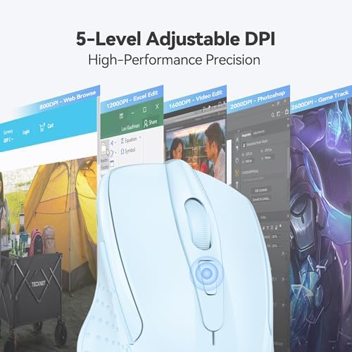 TECKNET Wireless Mouse, 2.4G Ergonomic Computer Mouse, 2600 DPI, Lightblue