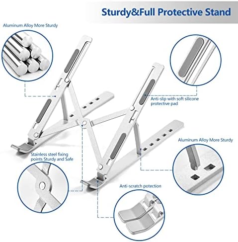 T Legend Aluminum Laptop Stand for Desk, Arae Adjustable Ergonomic Portable Holder, Foldable Computer Stand 6 Angles Anti-Slip Laptop Riser Compatible with 9-15.6 inch Laptops (Aluminum Silver)
