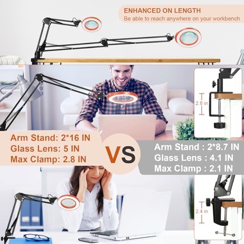 VEEMAGNI 5 Inch Large Real Glass Magnifying Glass with Light and Stand, 5 Color Modes Stepless Dimmable, 2*16 Inch Swivel Arm LED Clamp Desk Lamp, Hands Free 15X Lighted Magnifier for Crafting-Orange