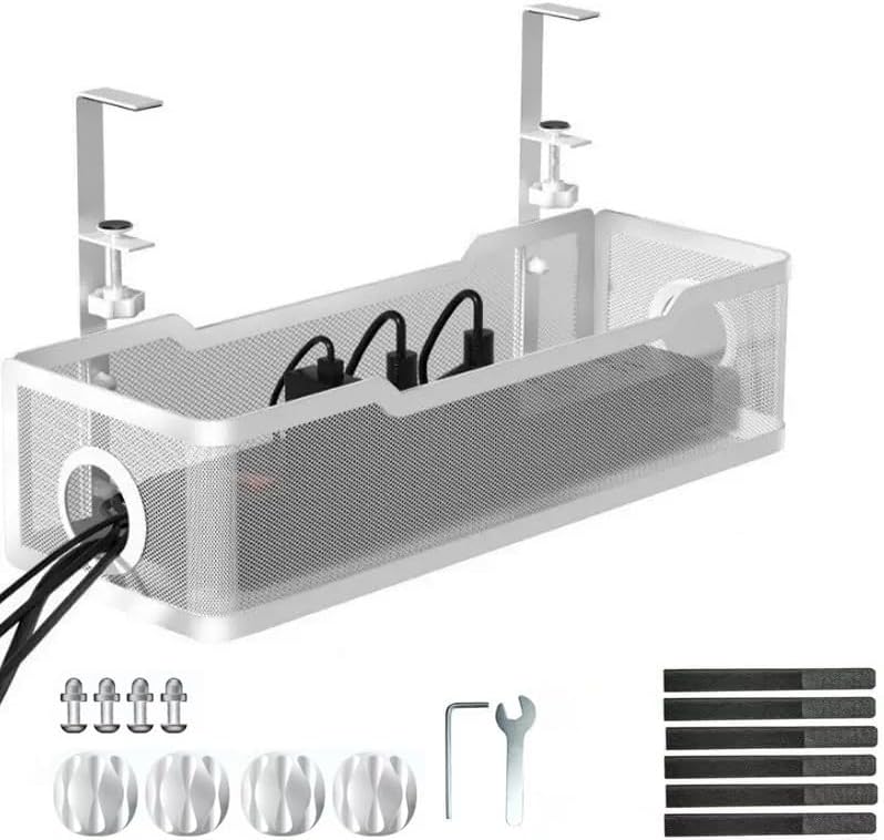 Under Desk Cable Management Tray, No Drill Cable Organizer for Desk, Metal Wire Management Basket with Clamp Mount, Cord Organizer Holder for Standing Desk, Home Office and Gaming Setup