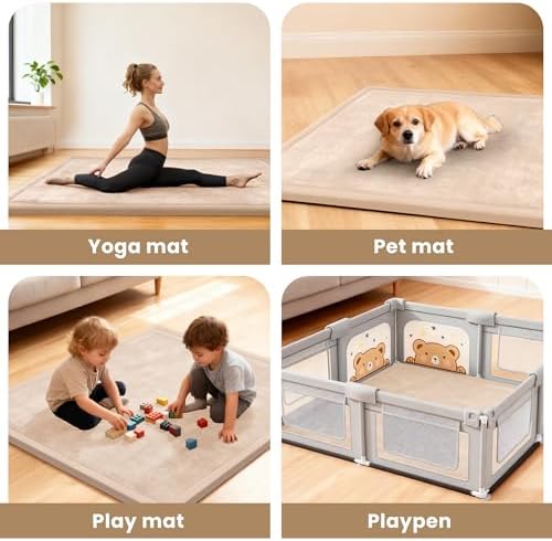 ACOMOPACK Baby Play Mat for Floor 1.3" Thick Memory Foam Play Mat 79×158" Tummy Time Crawling with Non-slip Bottom for Living Room,Nursery,Soft Velvet Playpen Mats for Kids,Infants（Beige）