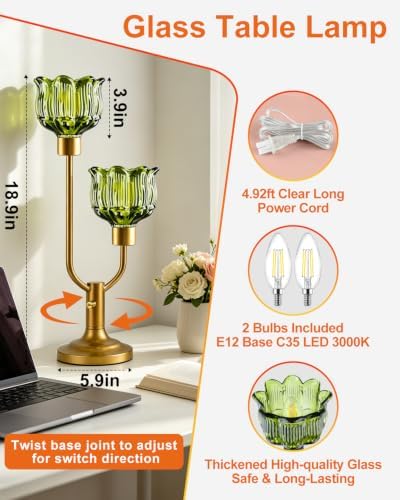 Lightdot Flower Table Lamp for Bedroom Vintage Green Glass Lamp Dimmable