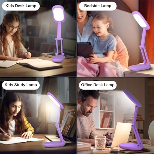 Akejrym LED Desk Lamp for Office Home & Battery Operated Lamp Rechargeable Lamp Foldable & Portable Light, [2-Fold Bracket] 3 Brightness Dimmable Small Desk Lamp Wireless Reading Lamp (Purple)