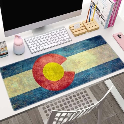 Large Gaming Mouse Pad with Stitched Edges, Vintage Colorado State Flag Desk Mat, Extended Keyboard Pad, Non-Slip Rubber Base Desk Pad for Keyboard and Mouse, 31.5X11.8 inch