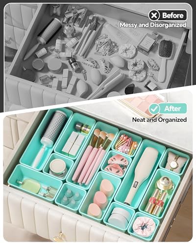 Canfanni 13 Pack Plastic Drawer Organizers Set, 3 Sizes Desk Drawer Organizer Trays for Vanity and Makeup Organizer, Organization and Storage for Makeup, Kitchen Utensils, Bathroom and Office(Blue)