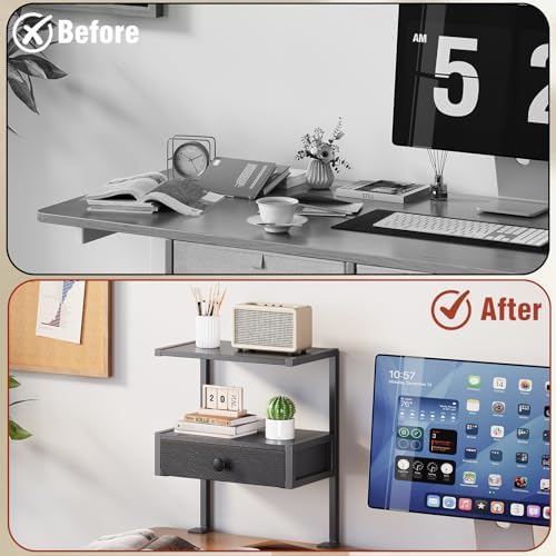 VENNQD Clamp On Desk Shelf, 2-Tier Desktop Organizer, Wood Desktop Supplies Tabletop Book Storage Rack with Adjustable Shelves for Table Working and Gaming Accessories, Black