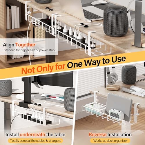 2 Pack Under Desk Tray, 31.4" No Drill Wire Management with Upgraded Clamp, Metal Cord Organizers for Desk, PC Cable Rack, White
