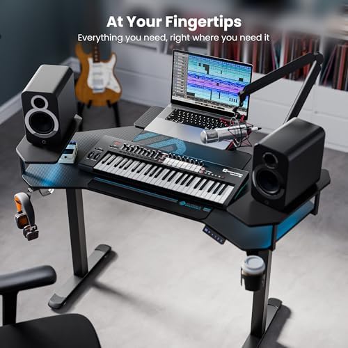 EUREKA ERGONOMIC Aero 55 Inch W Shaped Electric Standing Desk, Height Adjustable Computer Gaming Desk with LED Monitor Shelf, Mouse Pad, Headphone Hook, Cup Holder, Carbon Black