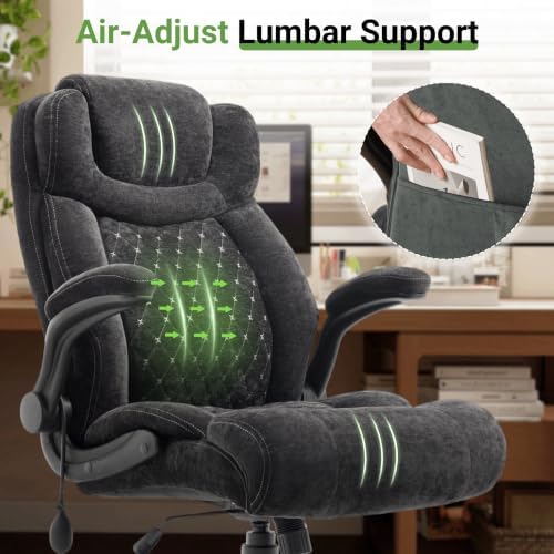 Office Chair, Big and Tall Executive Chair with Air-Lumbar Support, Breathable Desk Computer Chair with Adjustable Flip-up Armrests, Wide Cushion Seat Swivel Home Office Chair