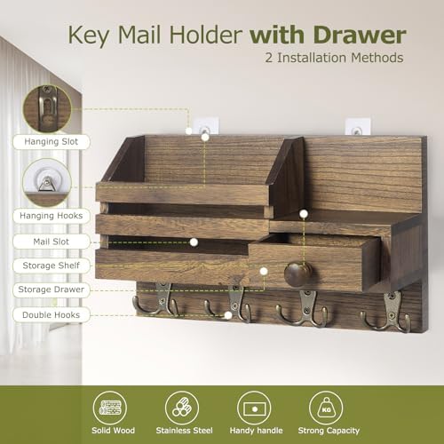 Key Holder Wall Mount, Wooden Key and Mail Organizer, Brown