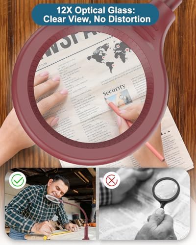 12X Magnifying Glass with Light and Stand, Real Glass, LED 5 Color Modes, Brightness Stepless Dimming Lighted Magnifier Hands Free, Flexible Gooseneck Desk Lamp with Clamp for Close Work, Craft, Red