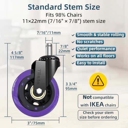 WEWILL Office Chair Wheels - Rubber Casters Replacement Universal Fit 98% Chair(Set of 5) Heavy Duty 3 Inch Smoothly & Quietly Safe for All Floor, Hardwood, Tile, Carpet, Noise Free - Purple