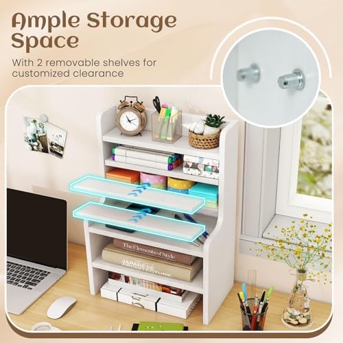 Tangkula 6-Tier Desktop File Organizer, Wooden Mail Letter Tray Organizer with 2 Removable Shelves for Papers, Folders & Office Supplies, Space-Saving Desktop File Holder for Small Spaces Home Office