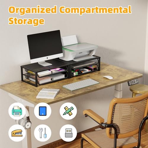 Ekisemio 2-Pack 2-Tier Monitor Stand Riser with Drawer, Metal Computer Desk Organizer for Home Office, Black