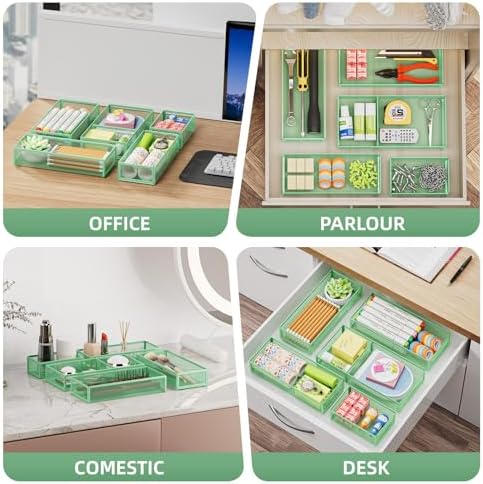 Marbrasse 5 Pack Desk Drawer Organizer Set, Mesh Drawer Storage Trays with 1 Adjustable Divider, Desk Organizers and Accessories, 5 PCS Drawer for Office Supplies, Makeup & Vanity (Green)