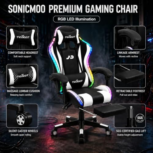 Redeer Led RGB Gaming Chair with Speakers Massage & Footrest, Reclining Gamer Chair for Adults, Video Game Chairs with Canopy, Heavy Duty Gaming Chair Massage, 350LBS White