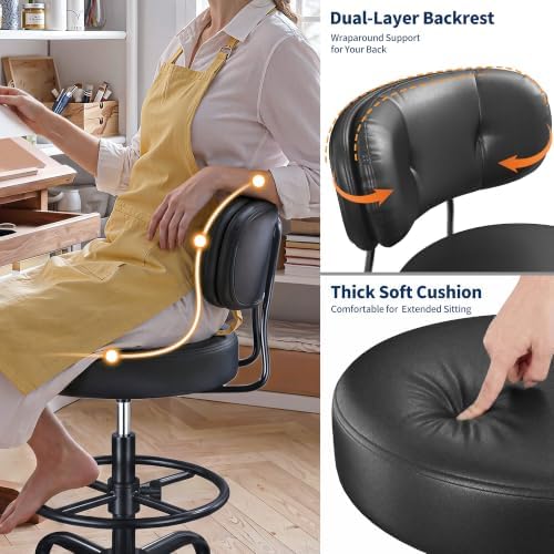 Homkdom Drafting Chair with Dual-Layer Back, PU Leather Black