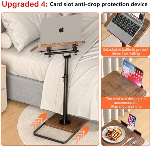 TV Tray Table for Couch, Height Adjustable/360° Swivel/180° Flip-Over Panel Design C-Shaped End Table, Sofa Arm End Side Table with Phone & Tablet Slot for Eating, Laptop,Couch Bed (Vintage Brown)