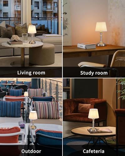 KDG Nickel Cordless Table Lamps Set of 2, Beige Fabric Shade Desk Lamp