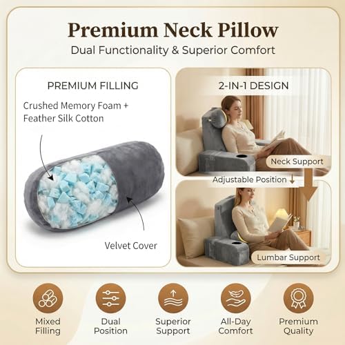 19 INCH Reading Pillow for Adults, Back Pillow for Bed Sitting Up, Backrest Pillow for Sitting in Bed, Detachable Arms with Built-in Cup & Phone Caddy (Gray, 19 INCH)