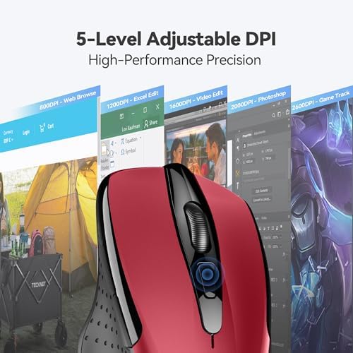TECKNET Wireless Mouse, 2.4G Ergonomic Computer Mouse, 2600 DPI, Red