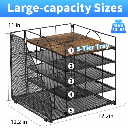 OPNICE Desk Organizer, 5-Tier Paper Organizer Letter Tray, Brown Wood