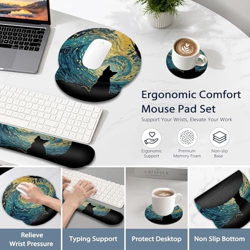 Starry Night Wrist Rest Support for Mouse Pad Keyboard Set, Cat Mouse Pad with Non Slip Rubber Base for Home and Office Typing Support