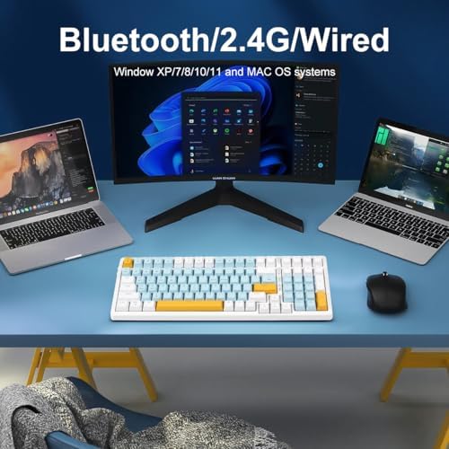 Merdia Wireless Mechanical Keyboard, Triple Mode 2.4G/USB-C/BT Gaming Keyboards 100 Keys Ice-Blue Backlit, Red Switch Keyboard | Rechargeable Mechanical Gaming Keyboards | Ice Blue/W/Y