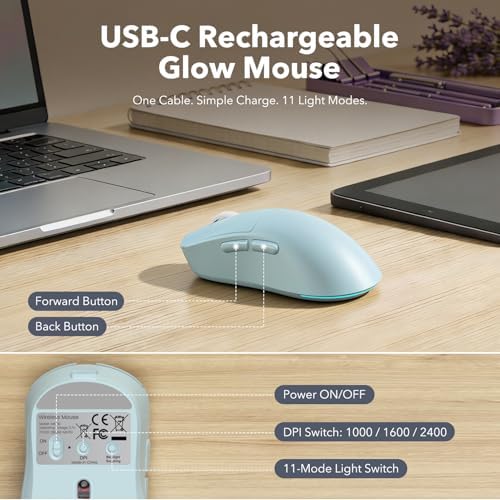 Wireless Keyboard and Mouse Combo, Backlit Round Keycaps, Glowing Blue