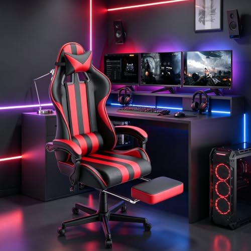 Ferghana Red Gaming Chair, Ergonomic Racing Style Computer Chair with Footrest, Adjustable Reclining, Lumbar and Head Support, PU Leather Gamer Chair