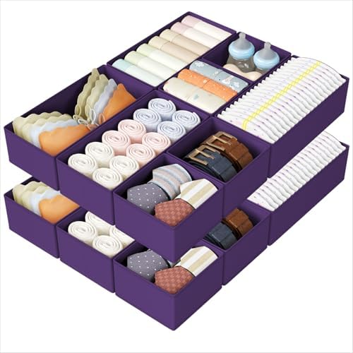 DIMJ Drawer Organizers Clothes, Set of 16 Dresser Organizer Bins, Fabric Closet Organizers and Storage, Shallow Drawer Dividers for Nursery, Clothing, Baby Clothes, Socks, Underwears, Tie (Purple)