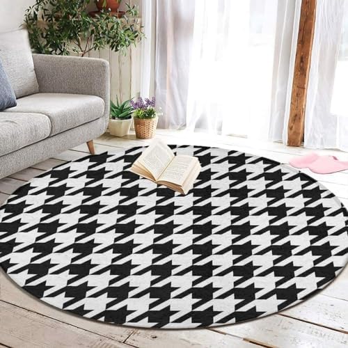 Large Machine Washable Circular Rugs, Home Decor Round Mat for Living Room Sofa Office Compatible with Black and White Houndstooth