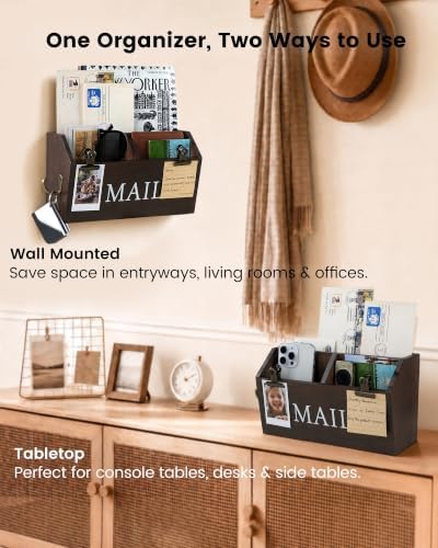DLQuarts Solid Wood Mail Organizer Countertop or Wall Mounted, Dark Walnut