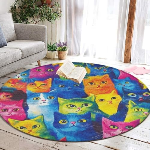 Highly Premium Quality Floor Mat, Office Chair Decor Mat, Room Sofa Yoga Soft Round Carpet Colorful Cats Art, 60inch