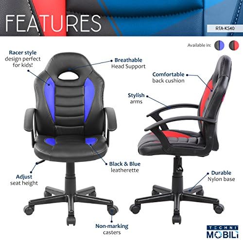 Techni Mobili Kids Gaming Chair, Racing Style Desk Chair, Adjustable, Blue