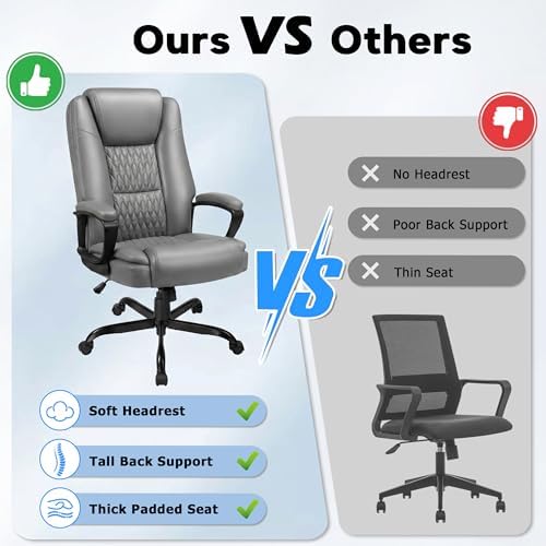 Executive Office Chair, Ergonomic High Back Desk Chair with Lumbar Support, Adjustable Big and Tall Computer Chair, 360° Swivel, PU Leather, Grey
