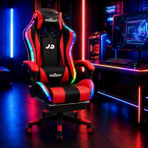 Redeer Led RGB Gaming Chair with Speakers Massage & Footrest, Reclining Gamer Chair for Adults, Video Game Chairs with Canopy, Heavy Duty Gaming Chair Massage, 350LBS RED
