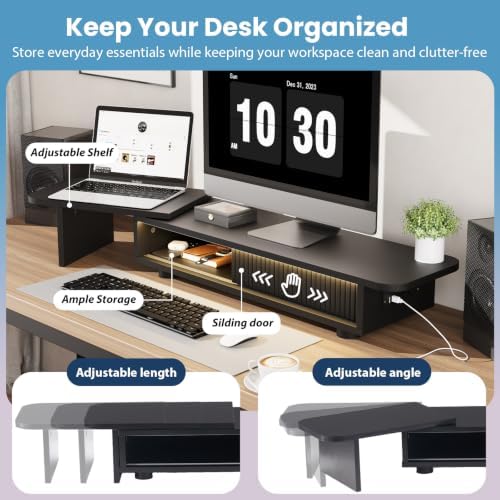 Artswish Dual Monitor Stand with Power Outlet, Black Desk Monitor Riser