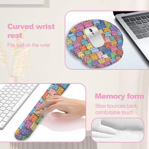 Cute Cat Mouse Pad with Wrist Rest Set, 3-in-1 Wrist Support Mousepad Set, Gaming Mat Pad with Anti-Skid Base,Ergonomic Memory Foam Mouse Pad Set for Women, Office, Typing, Gaming