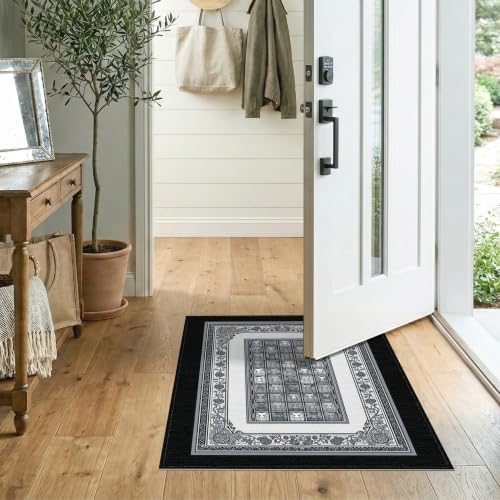 2'x3' Charcoal Gray Cat Motif with Vine Border Washable Accent Rug
