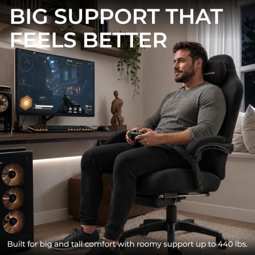 Dowinx Big and Tall Gaming Chair, Suede Fabric Game Chair with Pocket Spring Cushion, High Back Gamer Chair Ergonomic with Footrest for Adults Office, 440LBS, Black