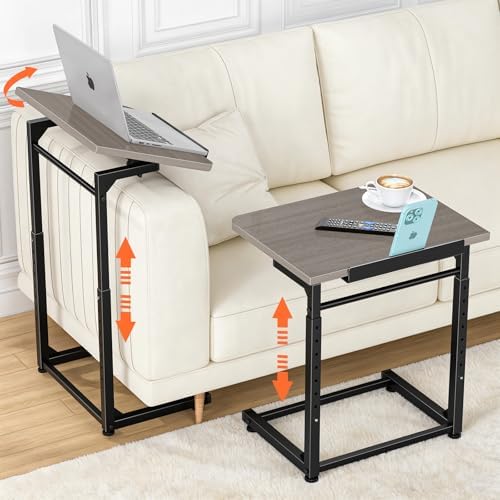 Tv Tray Table, 8-Level Adjustable Height Couch Side Table，90° Tilt Angle Adjustments C-Shaped End Table, with Phone & Tablet Slot Computer Desk for Sofa, Bed, Chair, Living Room（Lvory Gray）