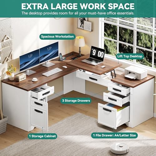 YITAHOME 60-Inch L Shaped Executive Desk with Lift Top, Power Outlets