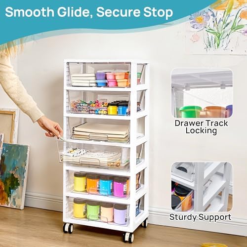 Vtopmart Rolling Drawer Cart, 6 Tier, Clear, Deep Drawers
