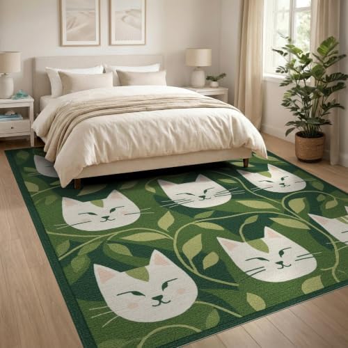 8'x10' Green Cat Forest Faces Interlinked by Washable Area Rug