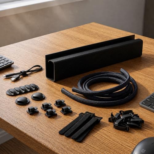 Cable Management Kit with Under Desk Raceway & 4 Long Cable Sleeves, Desk Cord Organizer with Cable Clips, Reusable Cable Ties & Cord Holders, Black