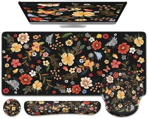 iCasso Desk Cover Mat, 4in1 Floral Large Mouse Pad with Wrist Rest