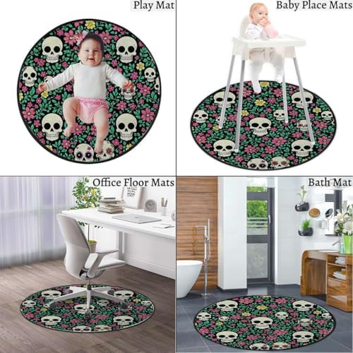 Dark Romantic Skull Round Chair Mat for Hardwood Floors, Gothic Nature Design Thick Floor Protector for Office & Home Computer Chairs, Green Diameter 35.4 in